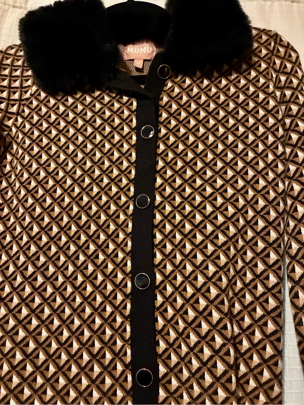 Show Me Your MuMu Brown Geometric Teddy Jacket with Black Fur Collar